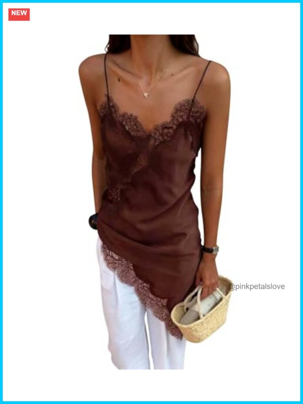 Satin Lace Camisole Asymmetric Backless V-Neck Slit Hem Party Top
